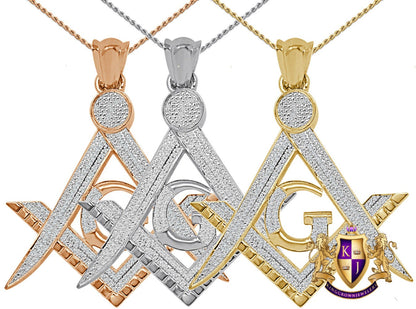 Real Genuine Authentic Diamond 23 + Grams Freemason Masonic G Compass Unisex Charm 10K Solid Over Finish Custom Pendant Chain Set  2"