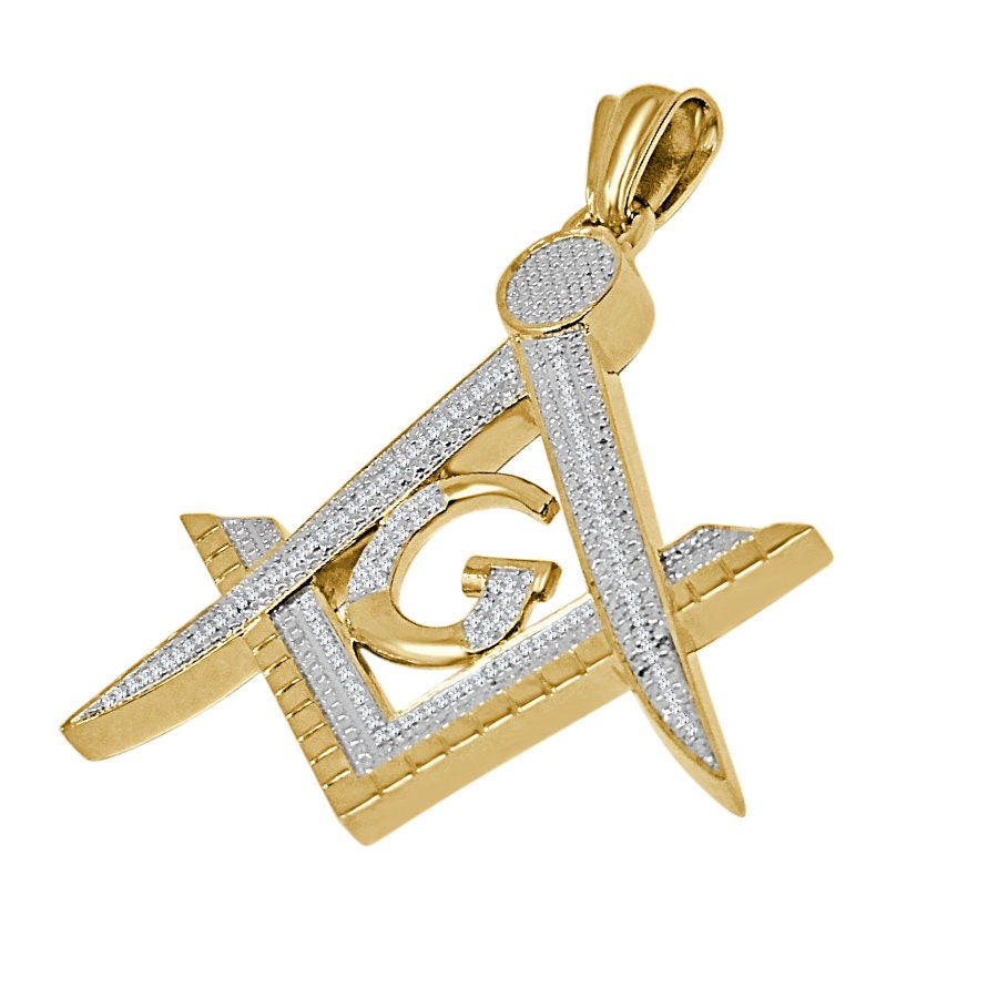 Real Genuine Authentic Diamond 23 + Grams Freemason Masonic G Compass Unisex Charm 10K Solid Over Finish Custom Pendant Chain Set  2"