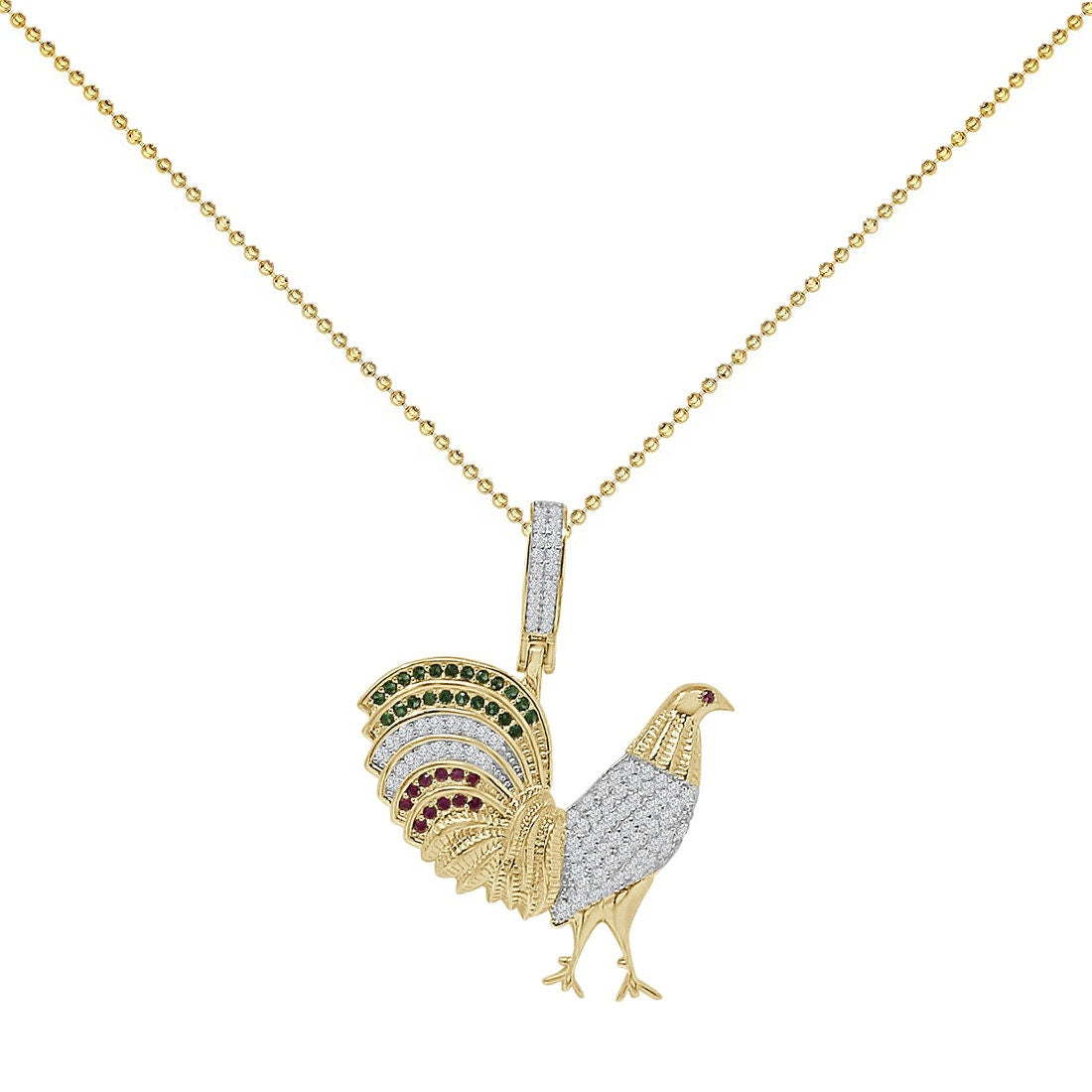 Rea Genuine Sterling Silver 14K Gold Over Simulated Diamond Colorful Multi Tone Chicken Rooster Peacock Pendant Charm Chain Set Small 1.30''