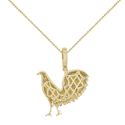 Rea Genuine Sterling Silver 14K Gold Over Simulated Diamond Colorful Multi Tone Chicken Rooster Peacock Pendant Charm Chain Set Small 1.30''