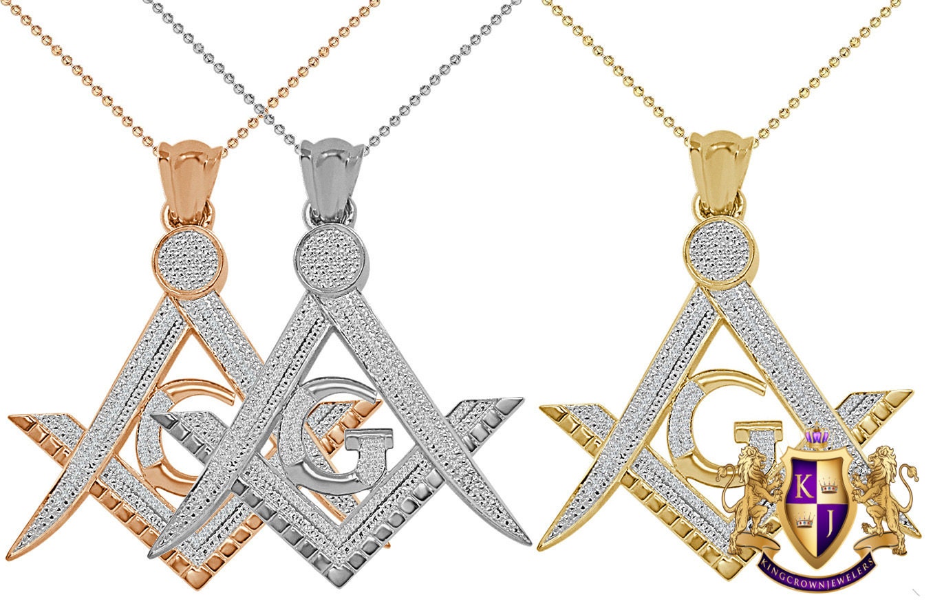 Men's Ladies Real Authentic Genuine Diamond 17+ Grams Masonic Freemasonry G Compass 10K Gold Over Pendent Charm Neckless Chain Set 1.55''