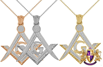 Men's Ladies Real Authentic Genuine Diamond 17+ Grams Masonic Freemasonry G Compass 10K Gold Over Pendent Charm Neckless Chain Set 1.55''