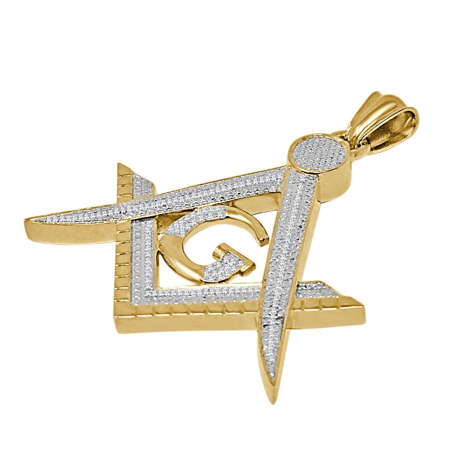 Men's Ladies Real Authentic Genuine Diamond 17+ Grams Masonic Freemasonry G Compass 10K Gold Over Pendent Charm Neckless Chain Set 1.55''