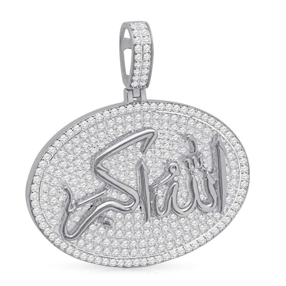 Real Genuine Sterling Silver 24+ Grams 4.00 Cwt. Simulated Diamond Allahu Akber Muslim Takbir Charm Islamic Arabic Oval Shape Allah Pendant