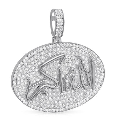 Real Genuine Sterling Silver 24+ Grams 4.00 Cwt. Simulated Diamond Allahu Akber Muslim Takbir Charm Islamic Arabic Oval Shape Allah Pendant