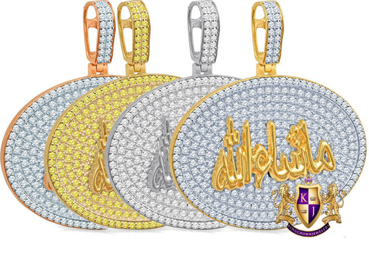 Real Genuine Sterling Silver 24+ Grams 4.00 Cwt. Simulated Diamond Mashallah Muslim Charm Islamic Arabic Oval Shape Allah Custom Pendant