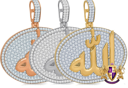 Real Genuine Sterling Silver 24+ Grams 4.00 Cwt. Simulated Diamond 14K Gold Over Muslim Charm Islamic Arabic Oval Shape Allah Custom Pendant