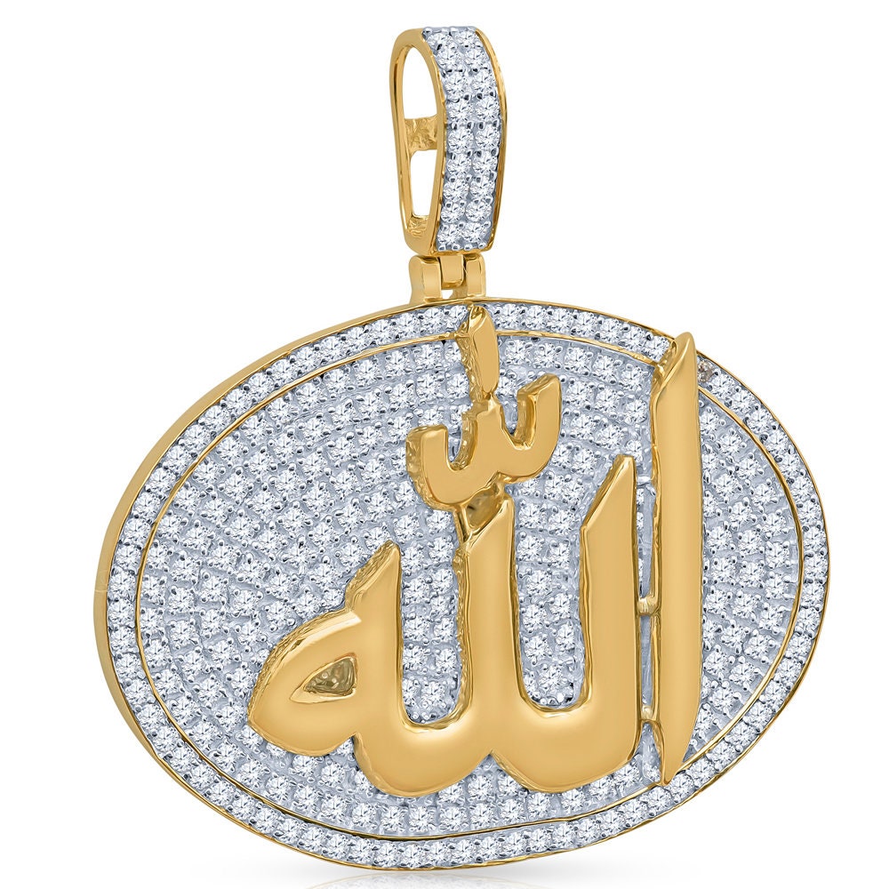 Real Genuine Sterling Silver 24+ Grams 4.00 Cwt. Simulated Diamond 14K Gold Over Muslim Charm Islamic Arabic Oval Shape Allah Custom Pendant