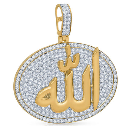 Real Genuine Sterling Silver 24+ Grams 4.00 Cwt. Simulated Diamond 14K Gold Over Muslim Charm Islamic Arabic Oval Shape Allah Custom Pendant
