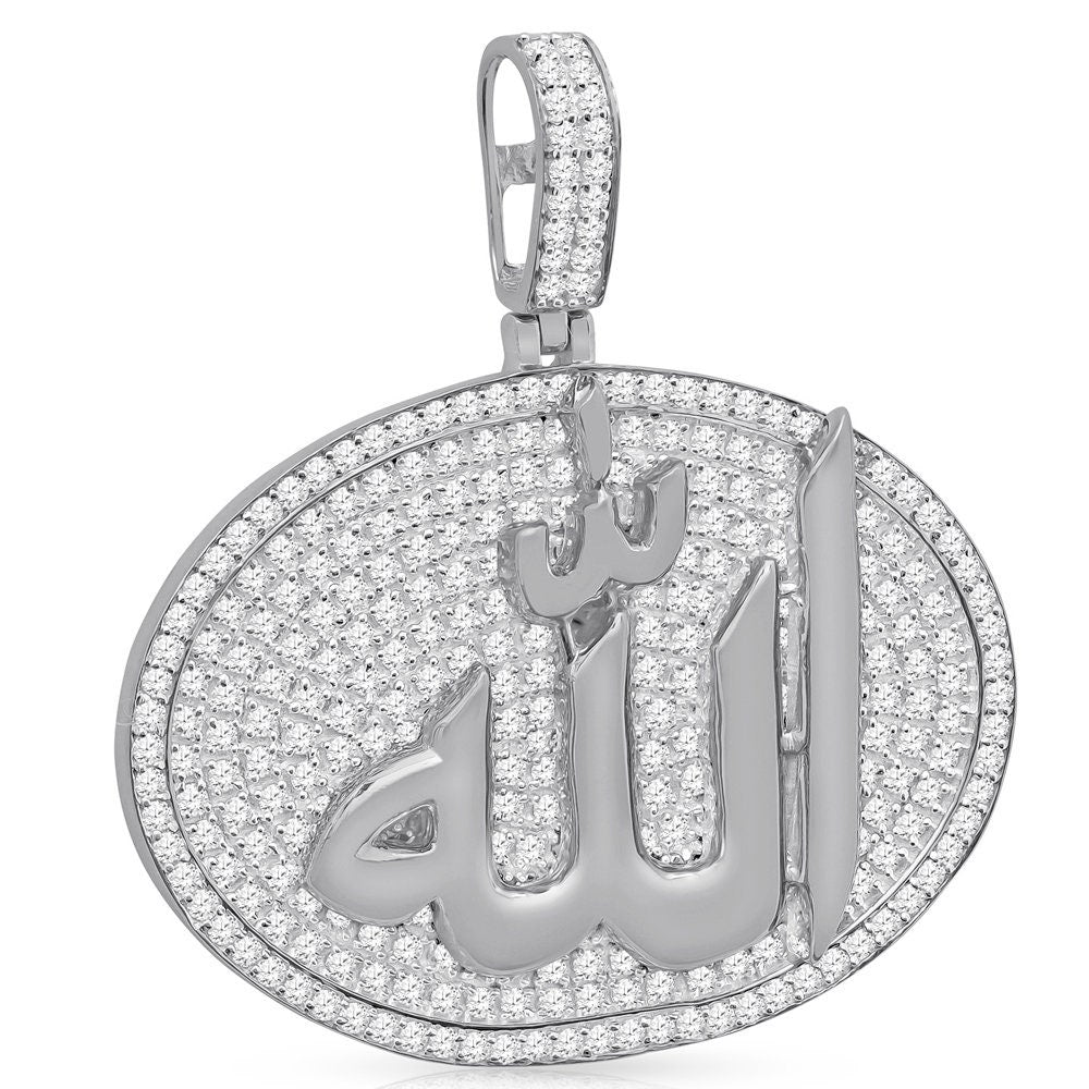 Real Genuine Sterling Silver 24+ Grams 4.00 Cwt. Simulated Diamond 14K Gold Over Muslim Charm Islamic Arabic Oval Shape Allah Custom Pendant