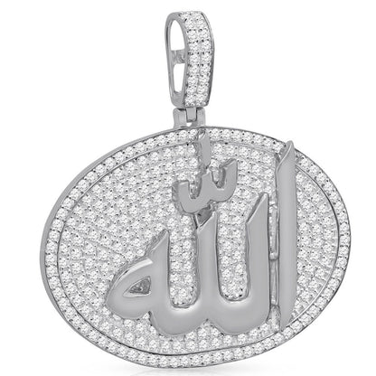 Real Genuine Sterling Silver 24+ Grams 4.00 Cwt. Simulated Diamond 14K Gold Over Muslim Charm Islamic Arabic Oval Shape Allah Custom Pendant