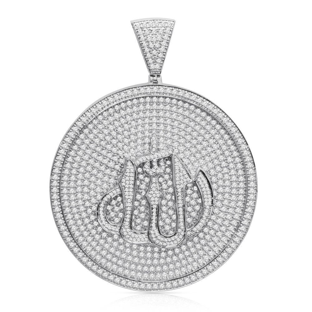2.55'' Real 14K Gold On Genuine Sterling Silver Simulated Diamond Allah God Muslim Arabic Islamic Charm Pendant Round Medallion 33+ Grams