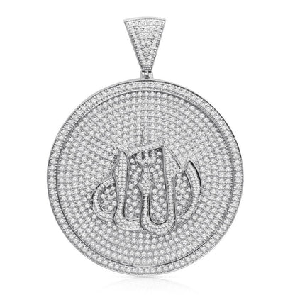 2.55'' Real 14K Gold On Genuine Sterling Silver Simulated Diamond Allah God Muslim Arabic Islamic Charm Pendant Round Medallion 33+ Grams
