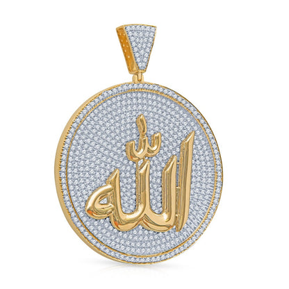 2.55''' Real 14K Gold On Genuine Sterling Silver Allah God Muslim Islamic Pendant 8.00 Ct. Simulated Diamond Medallion Men's Charm 30+ Grams