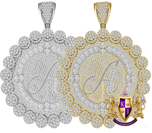 85+ Grams Big Jumbo 3.75'' 8.00 Cwt. Simulated Diamond Cursive Initial Letter Alphabet "A" Men's Custom Flower Pendant Charm Round Medallion