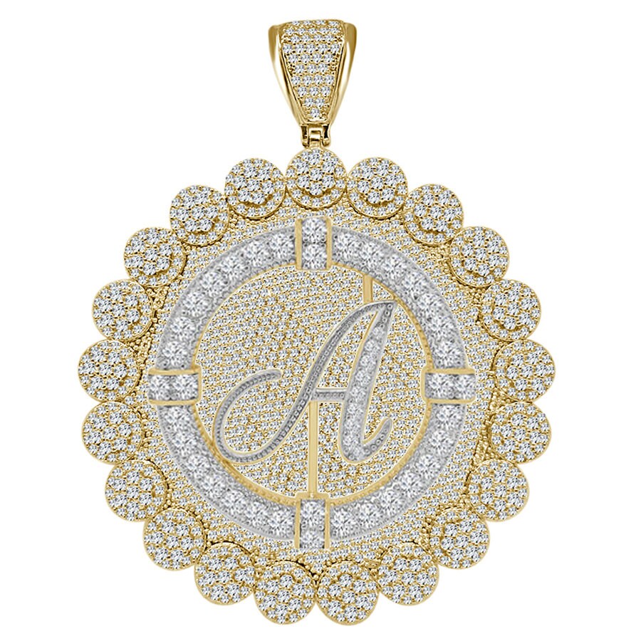 85+ Grams Big Jumbo 3.75'' 8.00 Cwt. Simulated Diamond Cursive Initial Letter Alphabet "A" Men's Custom Flower Pendant Charm Round Medallion
