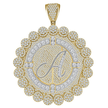 85+ Grams Big Jumbo 3.75'' 8.00 Cwt. Simulated Diamond Cursive Initial Letter Alphabet "A" Men's Custom Flower Pendant Charm Round Medallion