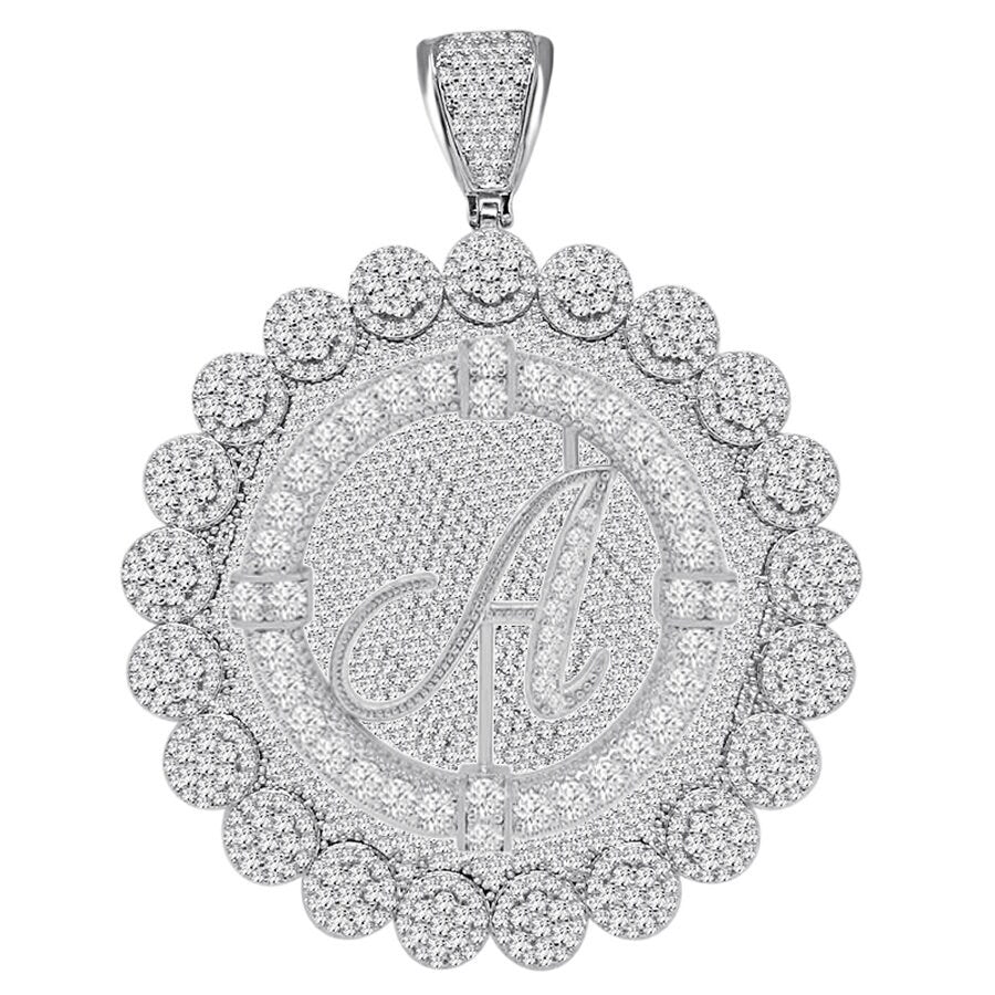 85+ Grams Big Jumbo 3.75'' 8.00 Cwt. Simulated Diamond Cursive Initial Letter Alphabet "A" Men's Custom Flower Pendant Charm Round Medallion