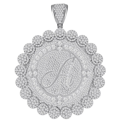 85+ Grams Big Jumbo 3.75'' 8.00 Cwt. Simulated Diamond Cursive Initial Letter Alphabet "A" Men's Custom Flower Pendant Charm Round Medallion