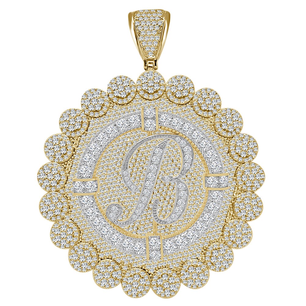 85+ Grams Big Jumbo 3.75'' 8.00 Cwt. Simulated Diamond Cursive Initial Letter Alphabet "B" Men's Custom Flower Pendant Charm Round Medallion