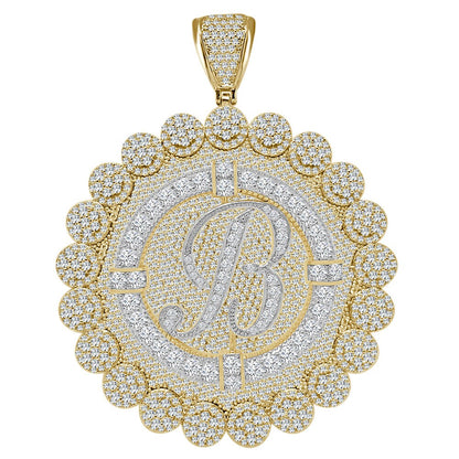 85+ Grams Big Jumbo 3.75'' 8.00 Cwt. Simulated Diamond Cursive Initial Letter Alphabet "B" Men's Custom Flower Pendant Charm Round Medallion