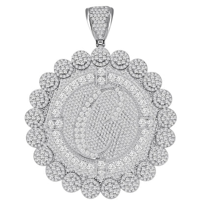 85+ Grams Big Jumbo 3.75'' 8.00 Cwt. Simulated Diamond Cursive Initial Letter Alphabet "C" Men's Custom Flower Pendant Charm Round Medallion