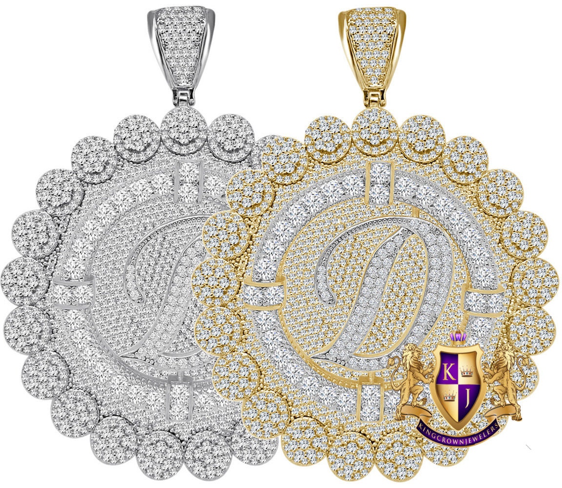 85+ Grams Big Jumbo 3.75'' 8.00 Cwt. Simulated Diamond Cursive Initial Letter Alphabet "D" Men's Custom Flower Pendant Charm Round Medallion