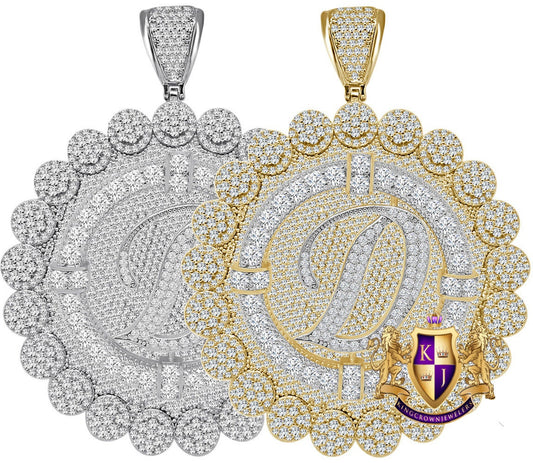 85+ Grams Big Jumbo 3.75'' 8.00 Cwt. Simulated Diamond Cursive Initial Letter Alphabet "D" Men's Custom Flower Pendant Charm Round Medallion