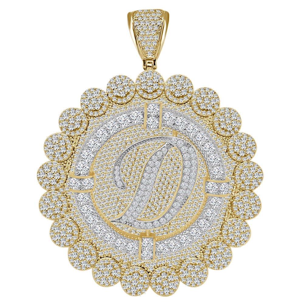 85+ Grams Big Jumbo 3.75'' 8.00 Cwt. Simulated Diamond Cursive Initial Letter Alphabet "D" Men's Custom Flower Pendant Charm Round Medallion