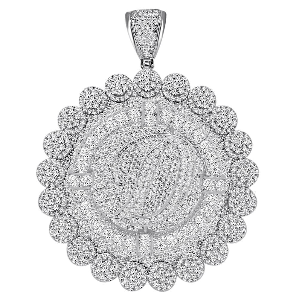 85+ Grams Big Jumbo 3.75'' 8.00 Cwt. Simulated Diamond Cursive Initial Letter Alphabet "D" Men's Custom Flower Pendant Charm Round Medallion