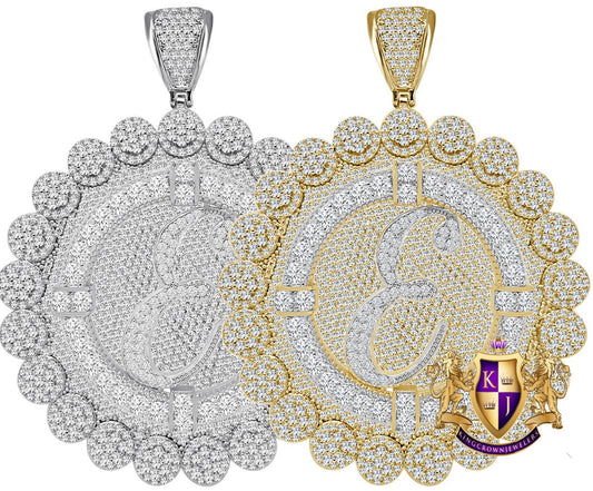 85+ Grams Big Jumbo 3.75'' 8.00 Cwt. Simulated Diamond Cursive Initial Letter Alphabet "E" Men's Custom Flower Pendant Charm Round Medallion