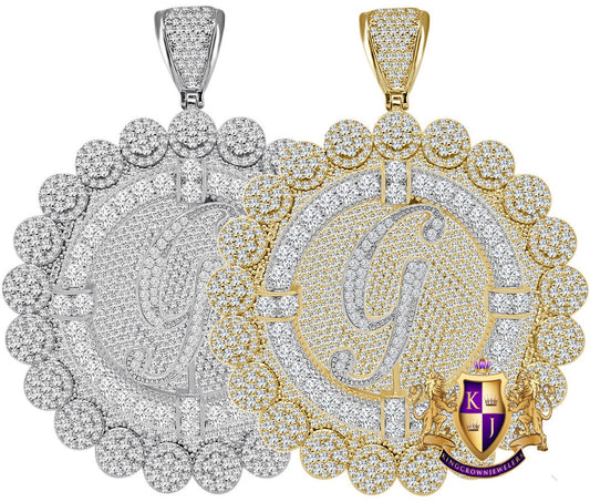 85+ Grams Big Jumbo 3.75'' 8.00 Cwt. Simulated Diamond Cursive Initial Letter Alphabet "G" Men's Custom Flower Pendant Charm Round Medallion