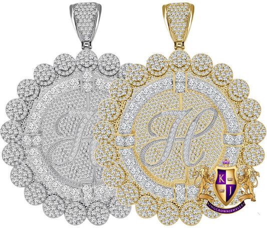 85+ Grams Big Jumbo 3.75'' 8.00 Cwt. Simulated Diamond Cursive Initial Letter Alphabet "H" Men's Custom Flower Pendant Charm Round Medallion