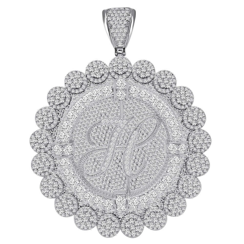 85+ Grams Big Jumbo 3.75'' 8.00 Cwt. Simulated Diamond Cursive Initial Letter Alphabet "H" Men's Custom Flower Pendant Charm Round Medallion