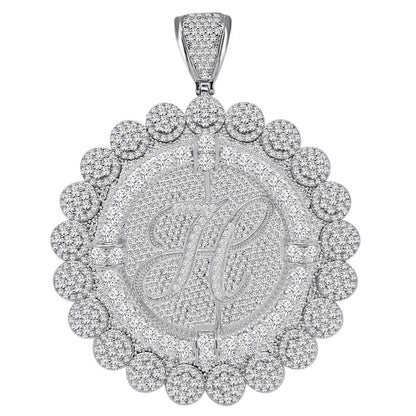 85+ Grams Big Jumbo 3.75'' 8.00 Cwt. Simulated Diamond Cursive Initial Letter Alphabet "H" Men's Custom Flower Pendant Charm Round Medallion