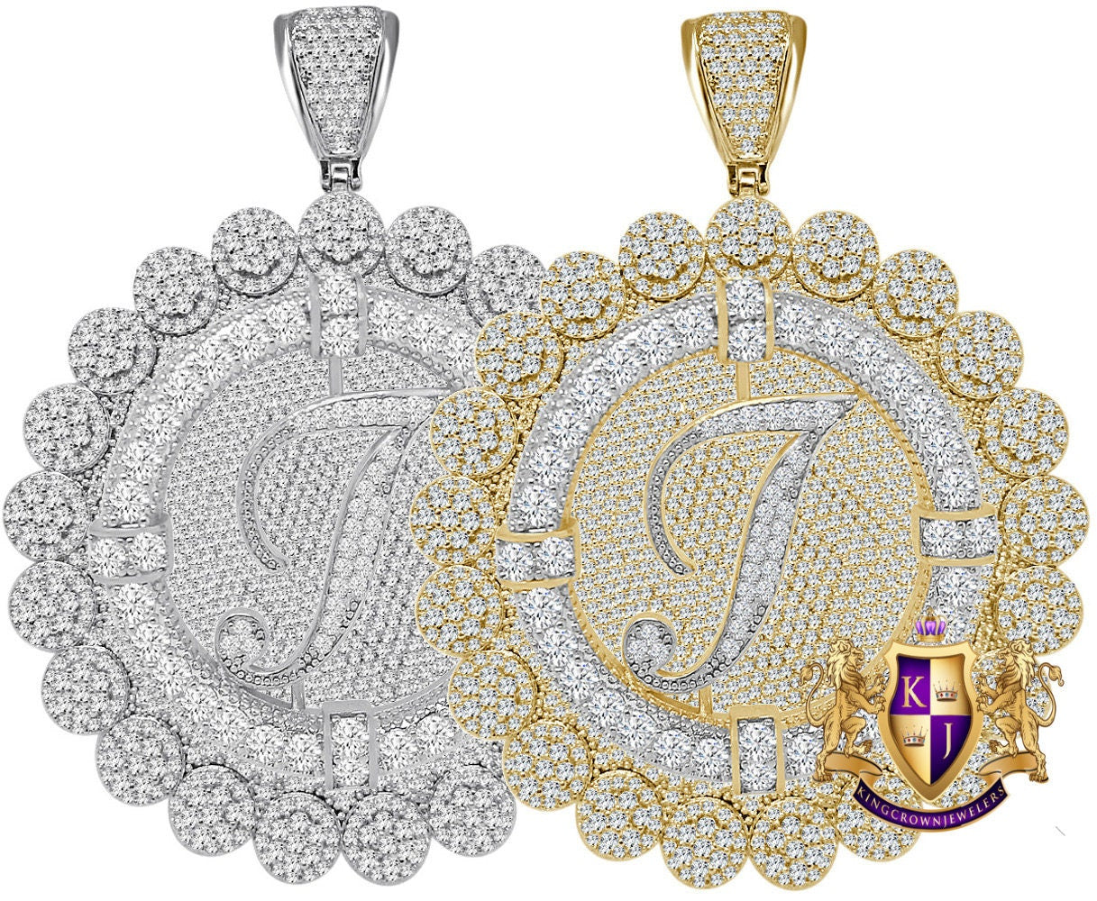 85+ Grams Big Jumbo 3.75'' 8.00 Cwt. Simulated Diamond Cursive Initial Letter Alphabet "I" Men's Custom Flower Pendant Charm Round Medallion