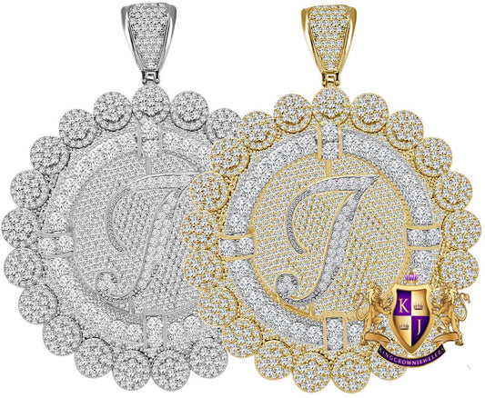 85+ Grams Big Jumbo 3.75'' 8.00 Cwt. Simulated Diamond Cursive Initial Letter Alphabet "I" Men's Custom Flower Pendant Charm Round Medallion