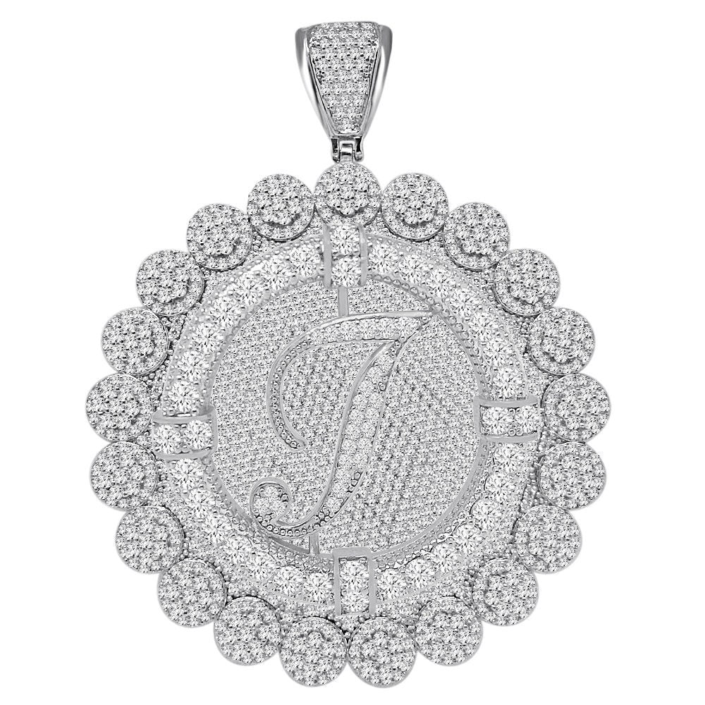 85+ Grams Big Jumbo 3.75'' 8.00 Cwt. Simulated Diamond Cursive Initial Letter Alphabet "I" Men's Custom Flower Pendant Charm Round Medallion