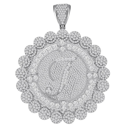85+ Grams Big Jumbo 3.75'' 8.00 Cwt. Simulated Diamond Cursive Initial Letter Alphabet "I" Men's Custom Flower Pendant Charm Round Medallion