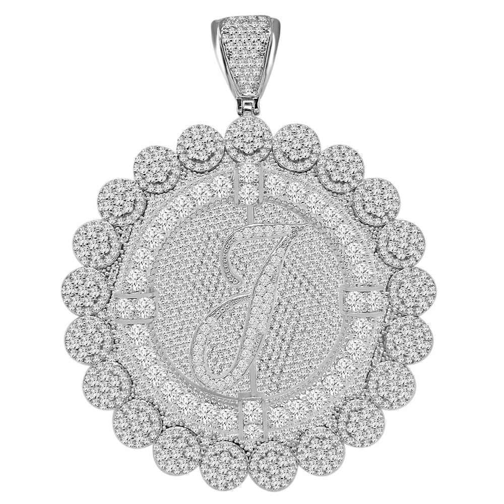 85+ Grams Big Jumbo 3.75'' 8.00 Cwt. Simulated Diamond Cursive Initial Letter Alphabet "J" Men's Custom Flower Pendant Charm Round Medallion