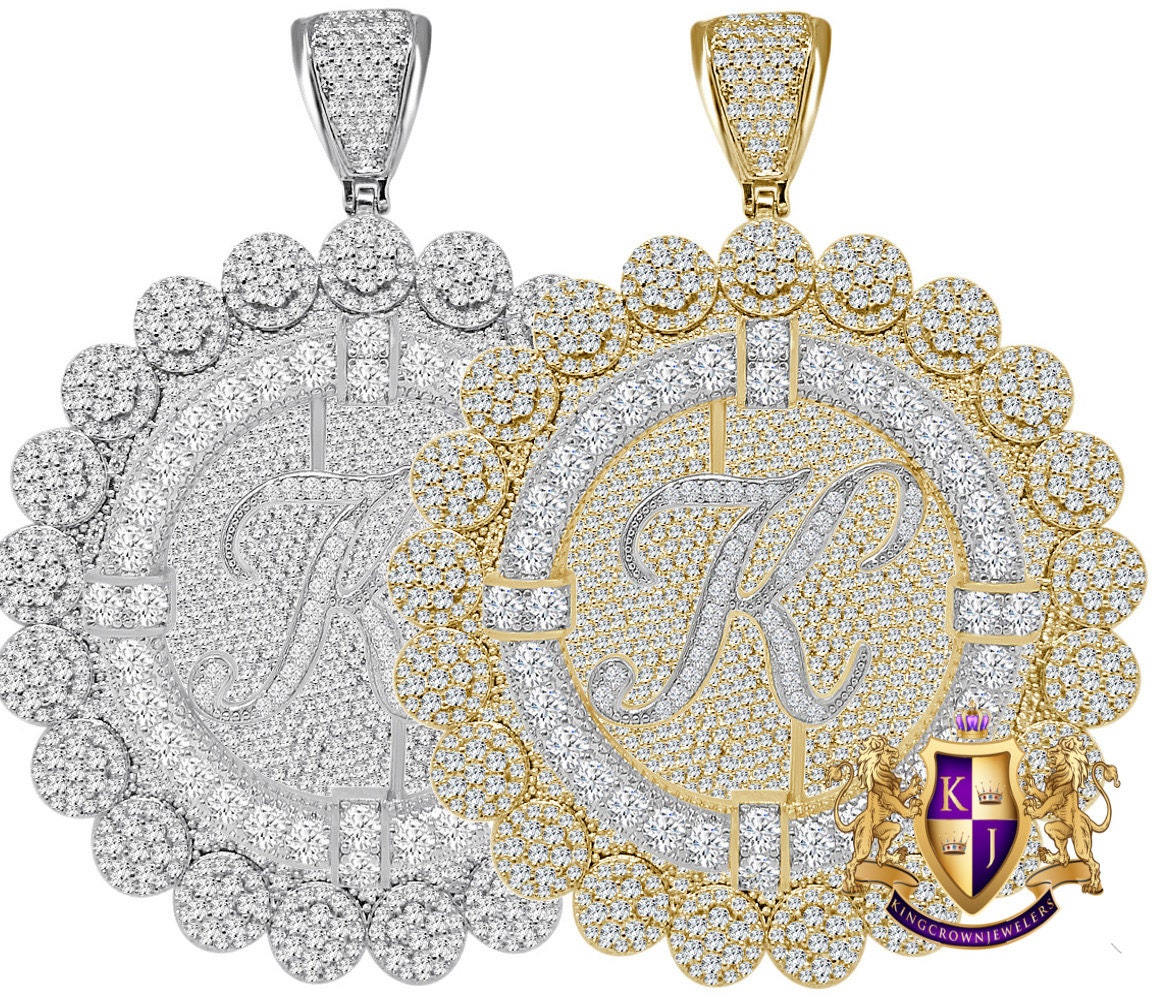 85+ Grams Big Jumbo 3.75'' 8.00 Cwt. Simulated Diamond Cursive Initial Letter Alphabet "K" Men's Custom Flower Pendant Charm Round Medallion