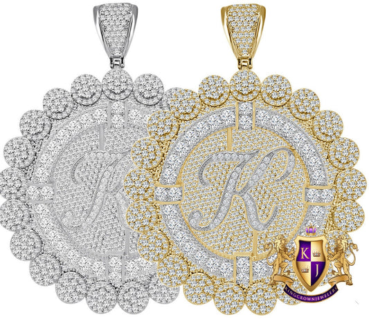 85+ Grams Big Jumbo 3.75'' 8.00 Cwt. Simulated Diamond Cursive Initial Letter Alphabet "K" Men's Custom Flower Pendant Charm Round Medallion