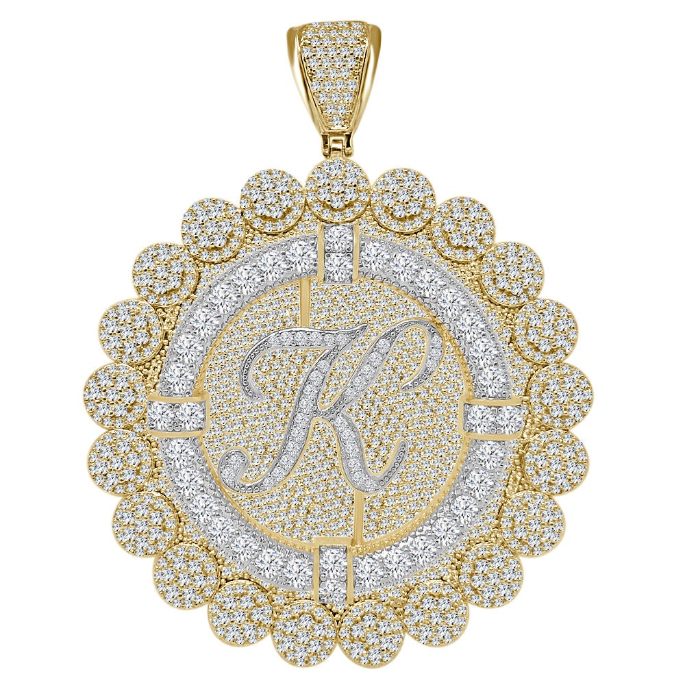 85+ Grams Big Jumbo 3.75'' 8.00 Cwt. Simulated Diamond Cursive Initial Letter Alphabet "K" Men's Custom Flower Pendant Charm Round Medallion