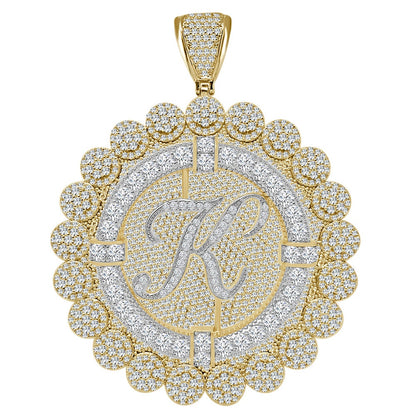 85+ Grams Big Jumbo 3.75'' 8.00 Cwt. Simulated Diamond Cursive Initial Letter Alphabet "K" Men's Custom Flower Pendant Charm Round Medallion