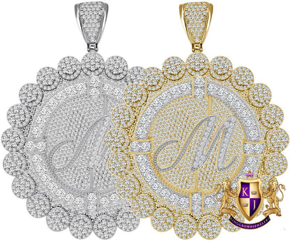 85+ Grams Big Jumbo 3.75'' 8.00 Cwt. Simulated Diamond Cursive Initial Letter Alphabet "M" Men's Custom Flower Pendant Charm Round Medallion