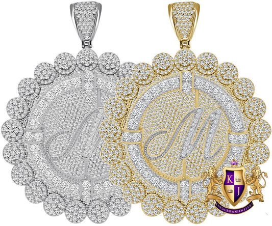 85+ Grams Big Jumbo 3.75'' 8.00 Cwt. Simulated Diamond Cursive Initial Letter Alphabet "M" Men's Custom Flower Pendant Charm Round Medallion