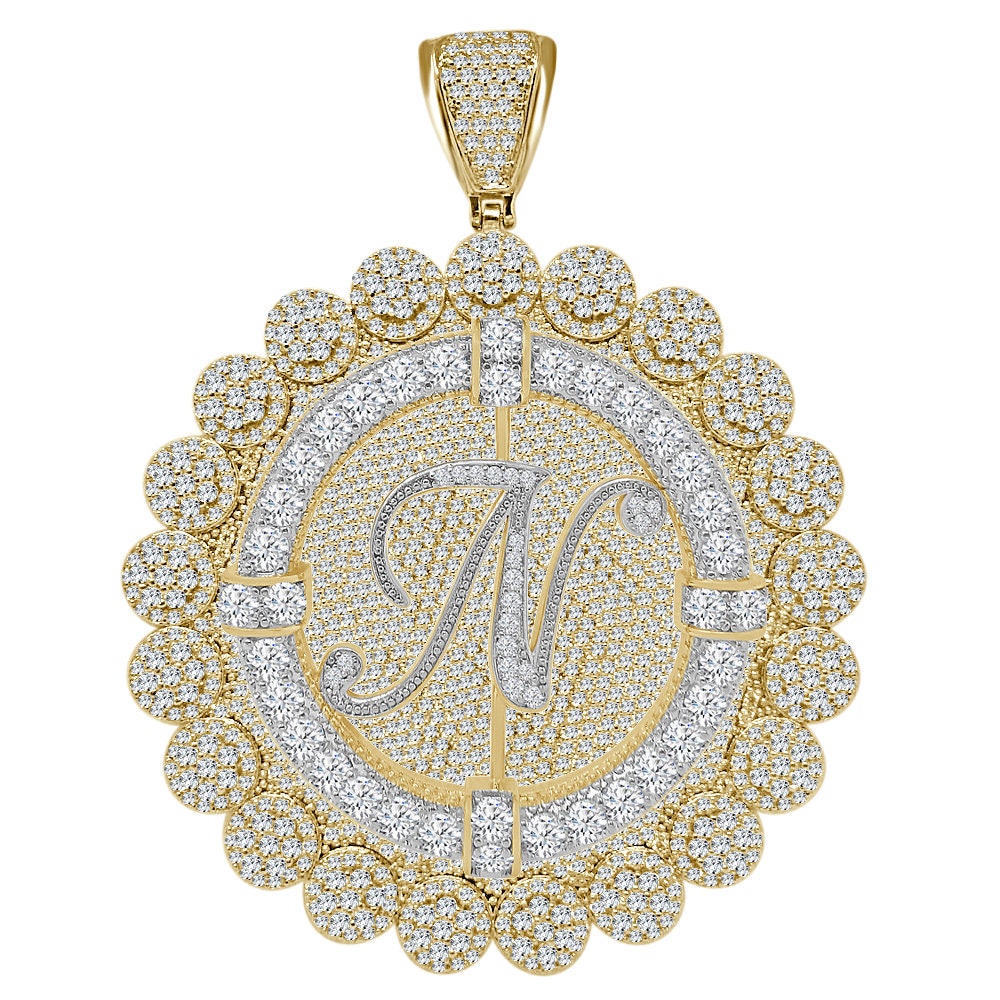 85+ Grams Big Jumbo 3.75'' 8.00 Cwt. Simulated Diamond Cursive Initial Letter Alphabet "N" Men's Custom Flower Pendant Charm Round Medallion