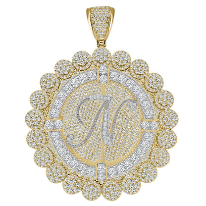 85+ Grams Big Jumbo 3.75'' 8.00 Cwt. Simulated Diamond Cursive Initial Letter Alphabet "N" Men's Custom Flower Pendant Charm Round Medallion