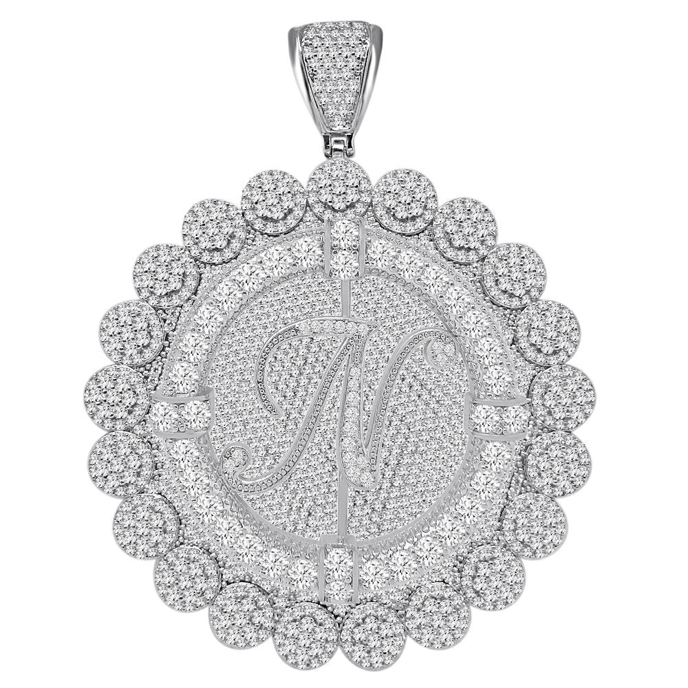 85+ Grams Big Jumbo 3.75'' 8.00 Cwt. Simulated Diamond Cursive Initial Letter Alphabet "N" Men's Custom Flower Pendant Charm Round Medallion