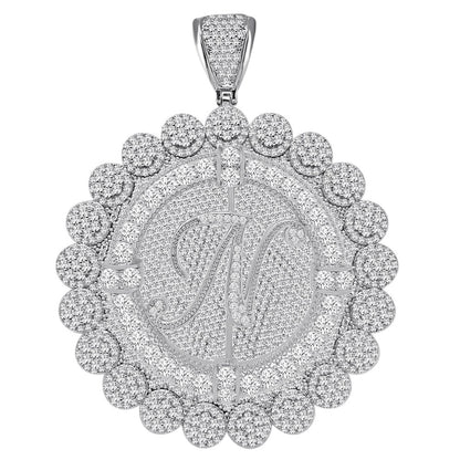 85+ Grams Big Jumbo 3.75'' 8.00 Cwt. Simulated Diamond Cursive Initial Letter Alphabet "N" Men's Custom Flower Pendant Charm Round Medallion
